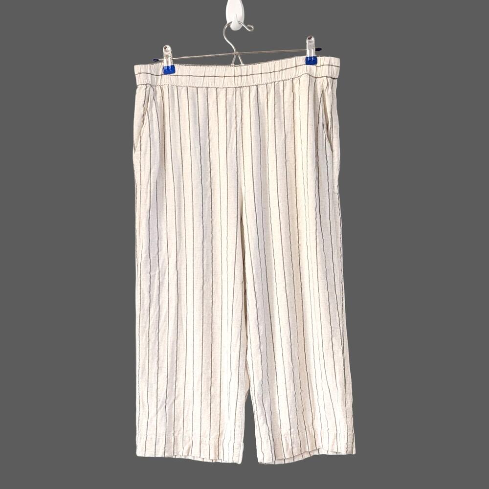 Oysho Linen Blend Cropped Wide Leg Pants XL Cream Metallic Stripe Coastal